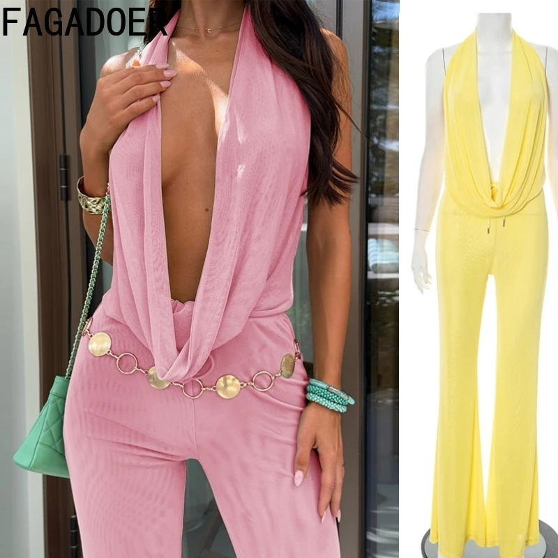 

FAGADOER Sexy Ruched Patchwork 2 Pieces Set for Woman Solid Deep V Neck Backless Crop Top + Flare Pants Outfit Female Streetwear
