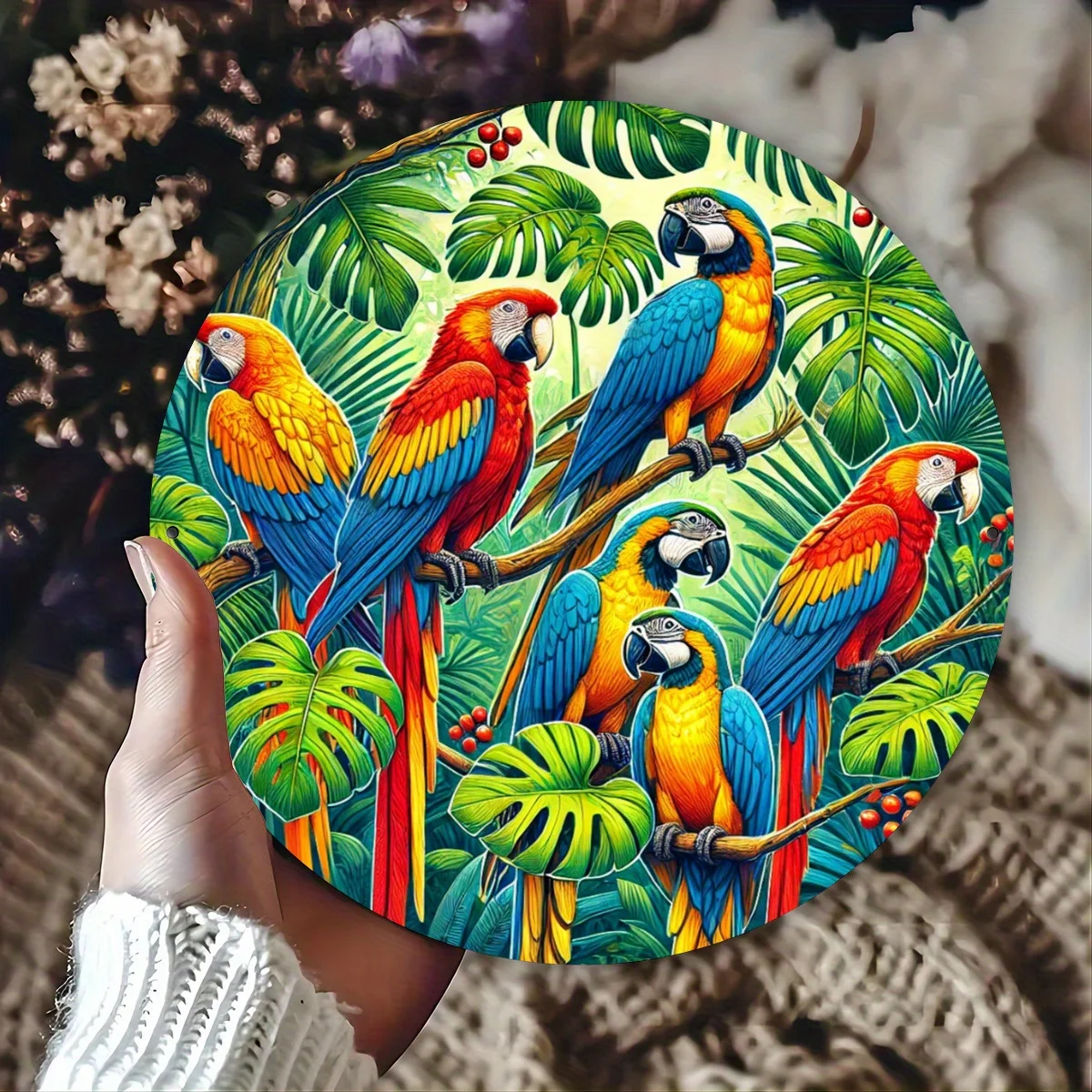 [Exotic] Vibrant Tropical Parrots 20.32x20.32 cm Round Metal Wall Art - Colorful Iron Hanging Decor with Lush Foliage Design for