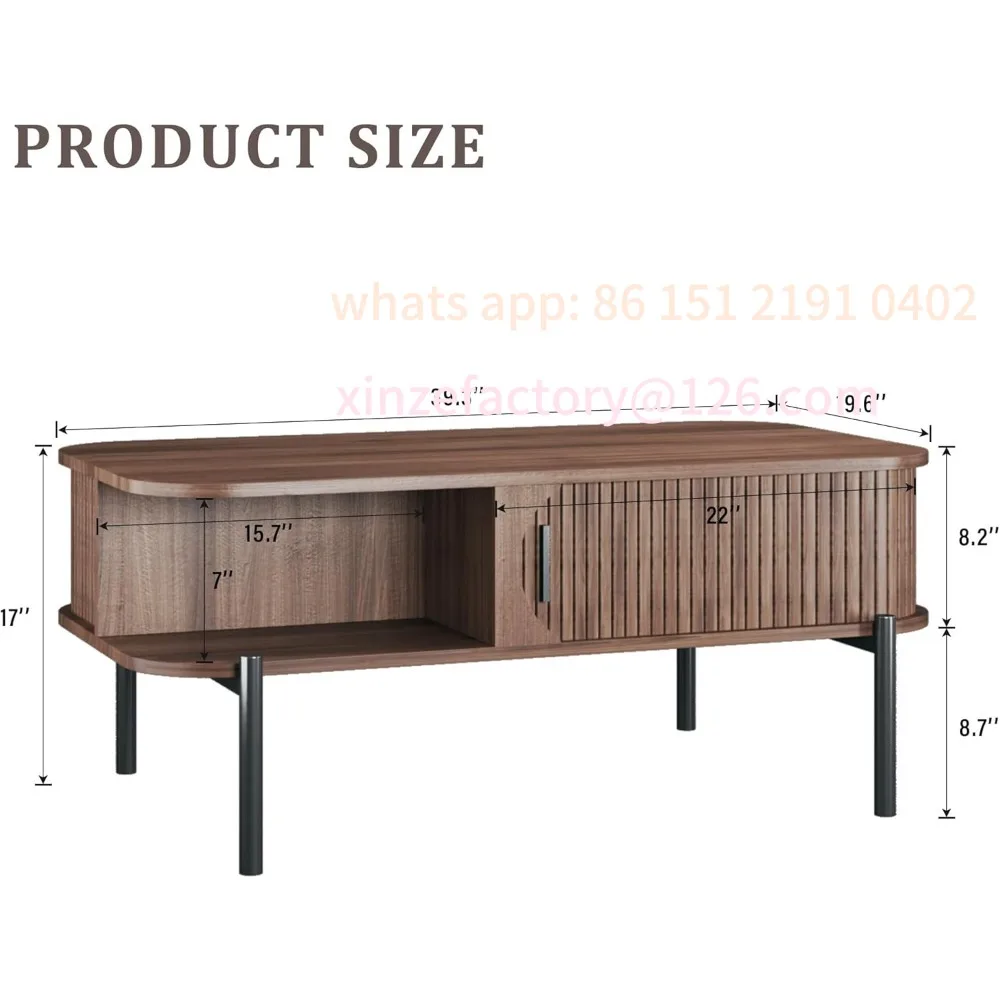 Customizable Coffee Table,  Mid Century Modern , Coffee Table with Storage Open Shelf, Fluted Table with Sliding Cabinet Door