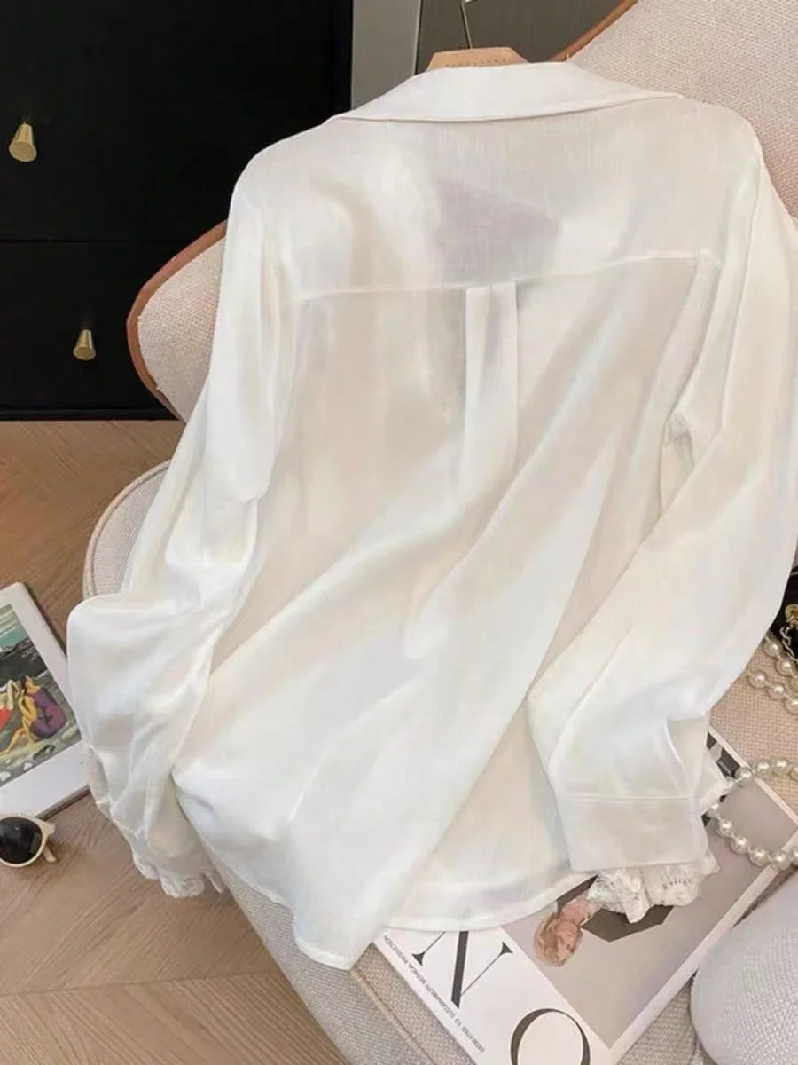 

Elegant White Semi-Sheer Blouse V-Neck Long Sleeve Lace Trim Spring