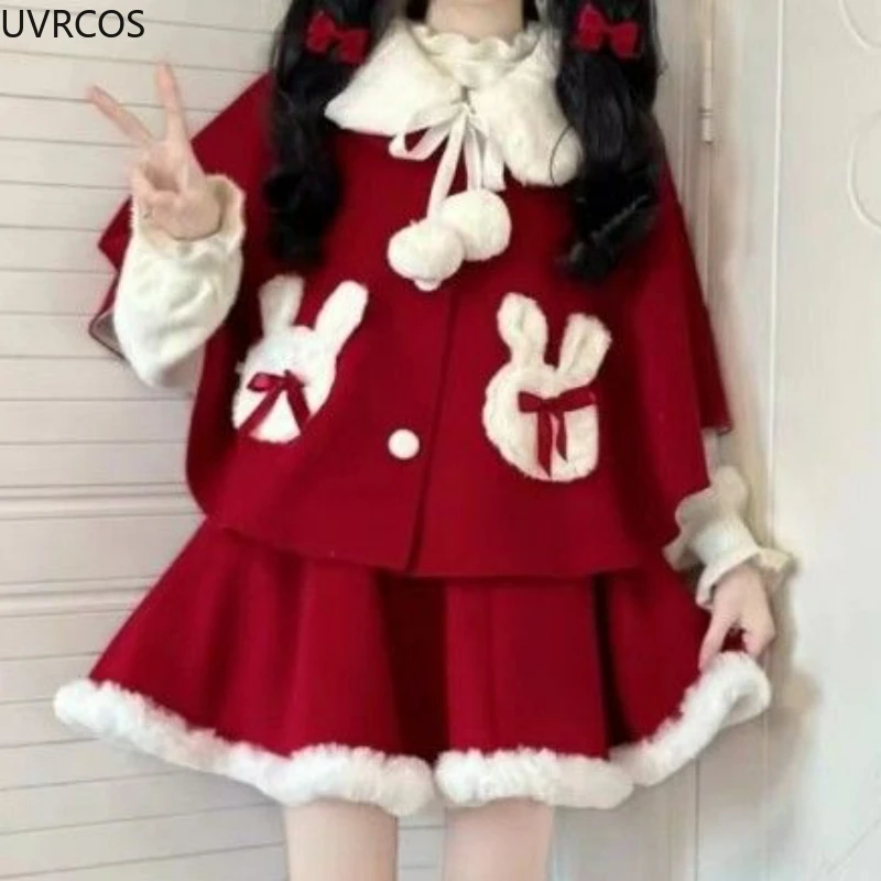 2024 New Sweet Christmas Red Elegant Skirt Set Woman Kawaii Bow Wool Cape Coat Y2k Mini Skirts Female Korean New Year Cute Suit