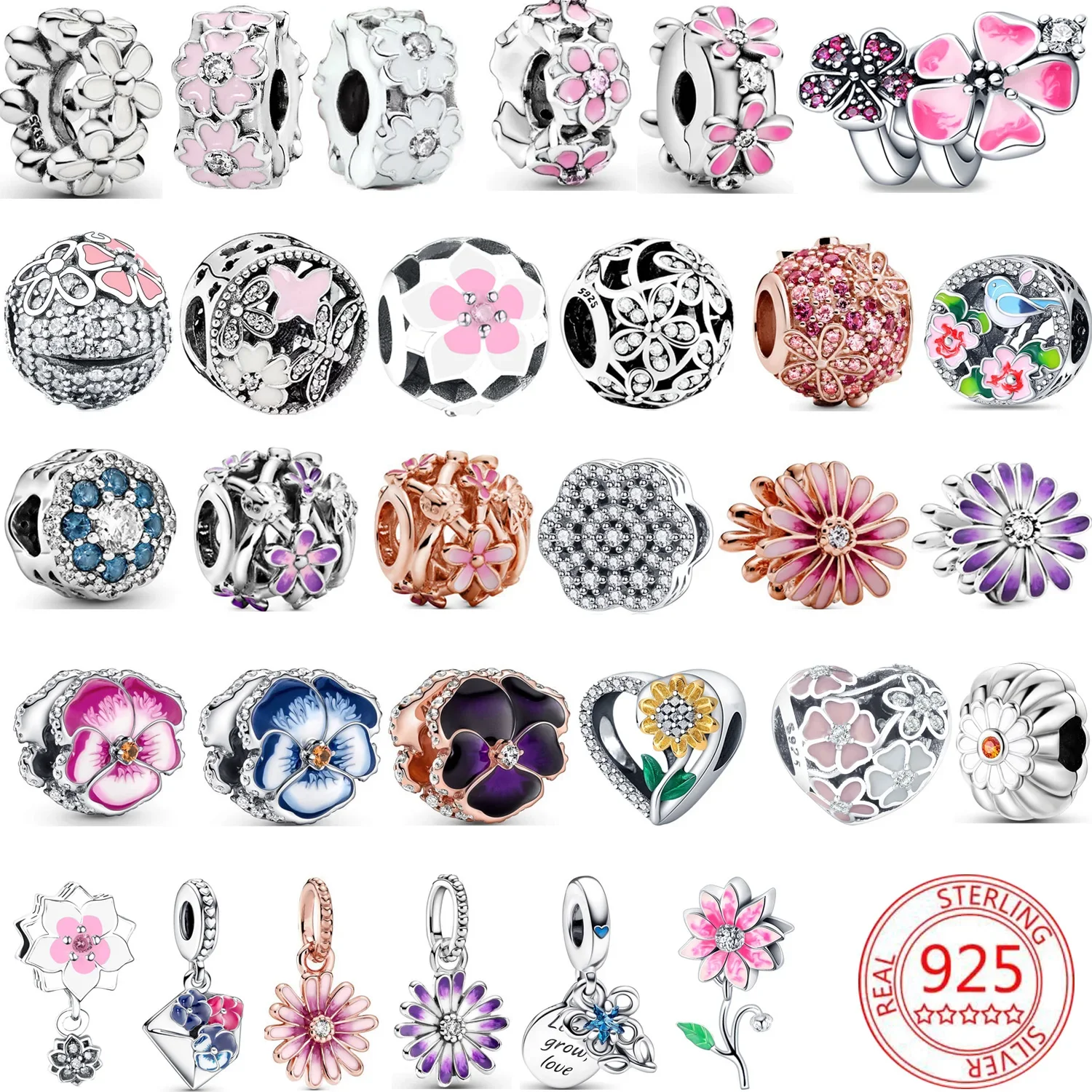 

Original 925 Sterling Silver Flower Beads Charms Cherry Blossom Daisy Sunflower for DIY Bracelet Women Jewelry Birthday Gift