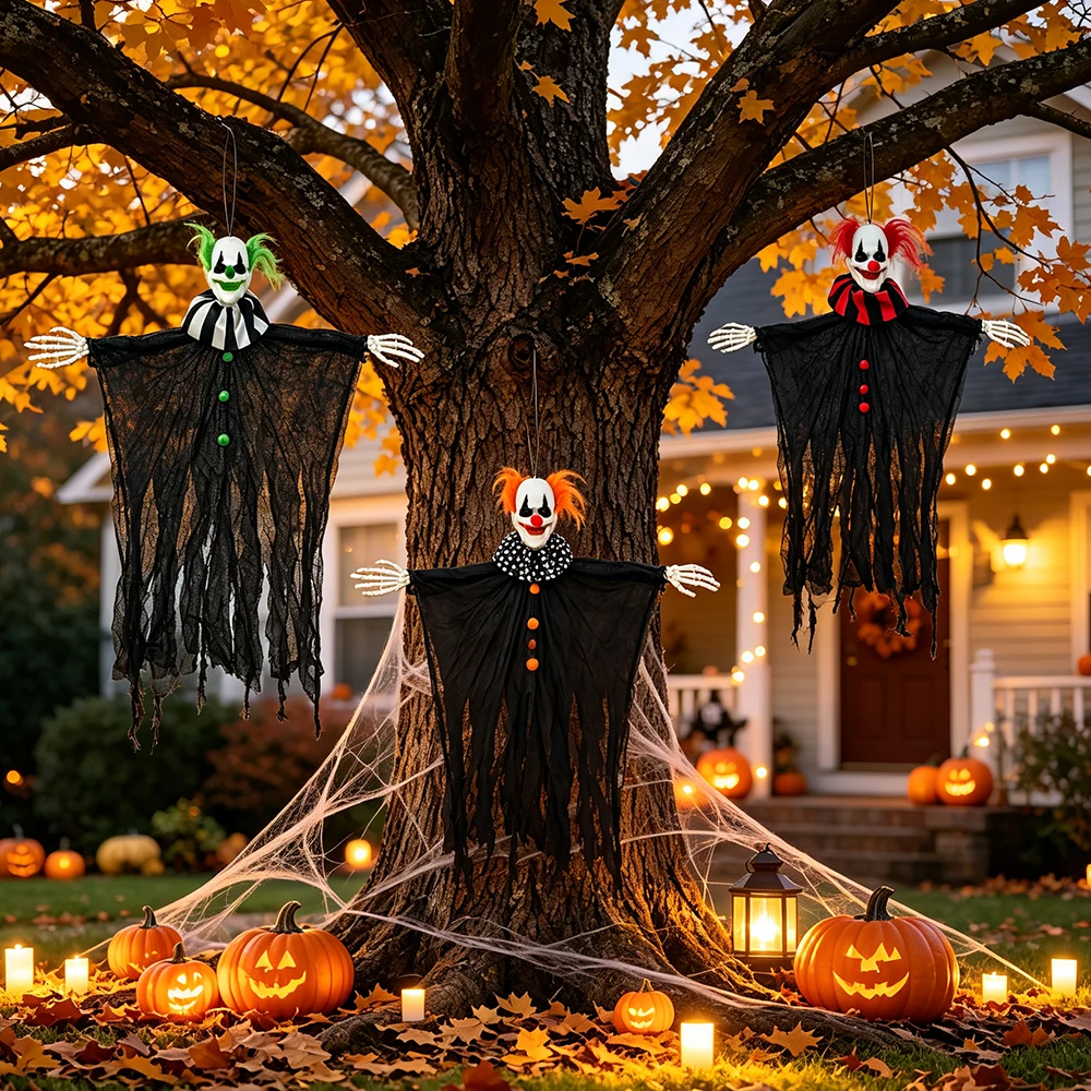 Halloween-Skelett-Clown-Dekoration, Atmosphären-Requisiten, Geist mit gruseligem schwebendem Geisterornament für Party, Zuhause, Innen- und Außenbereich, Gärten – Detail 2