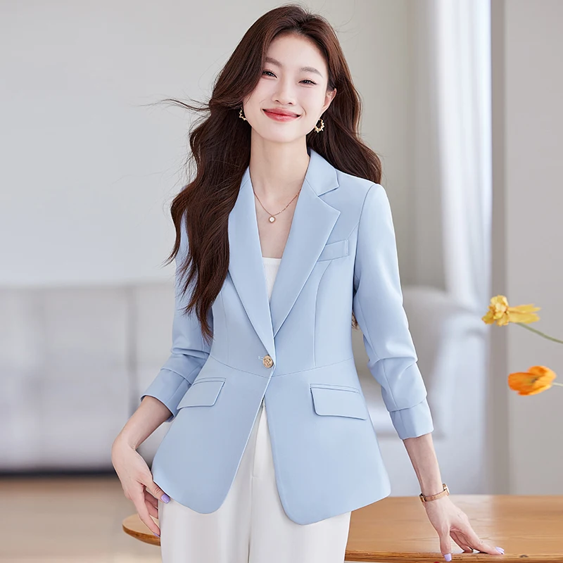 NAVIU High Quality Korean Style Spring Autumn Coat Light Blue Women Jacket Long Sleeve Work Wear Office Uniform Blazer Outerwear