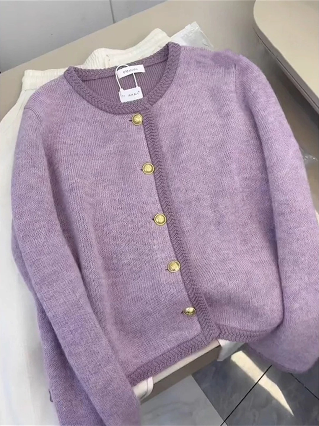 

Ele Purple Lazy round Ne Knitted Open Cardigan Women's Top Soft Fraance Sle Super Beautiful Sweater Jaet for Autu...