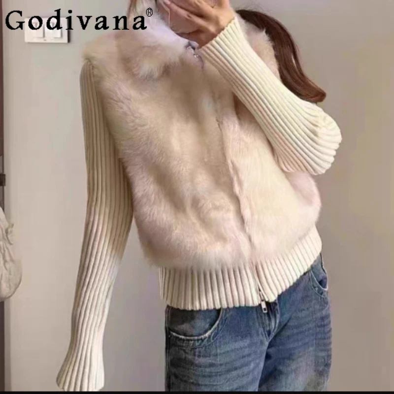 

Women autumn winter Faux Fur knitted splicing fashion chic thickened coat sweet Korean loose versatile college long-sleeved top