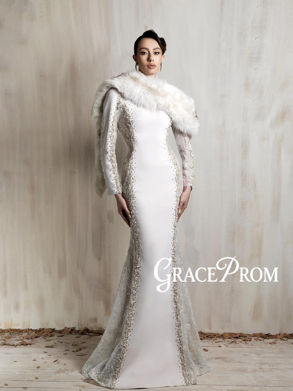 

GRACEPROM Hand Beaded Lace White Mermaid Evening Gown Fur Collar Long Sleeve Satin Women Formal Fashion Prom Dress Customized