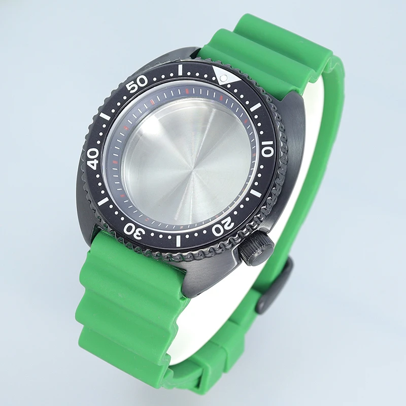 Caja de reloj de abulón negra de 45mm, pulsera de goma verde, zafiro compatible con tortuga de atún Seiko NH35 NH36, anillo de capítulo de movimiento, esfera de 28,5mm