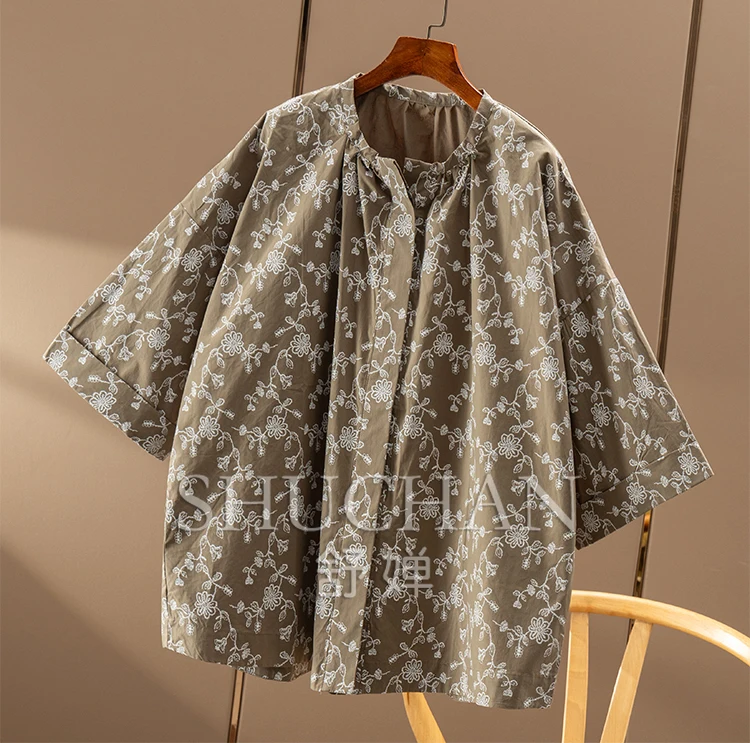 Elegant Literature and Art, French  Retro Floral Pure Cotton Large Silhouette Seven-quarter Sleeve Shirt Women Blouse