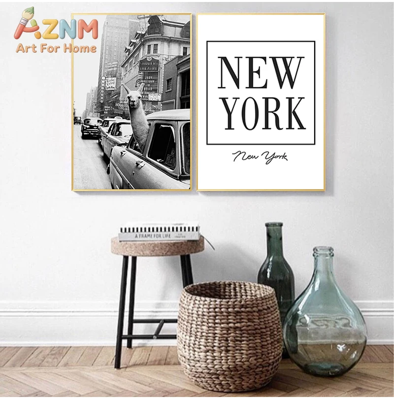 Impresión en lienzo de una llama en un taxi en Times Square e impresión vintage de una llama, foto de la ciudad de Nueva York, arte de pared, decoración del hogar