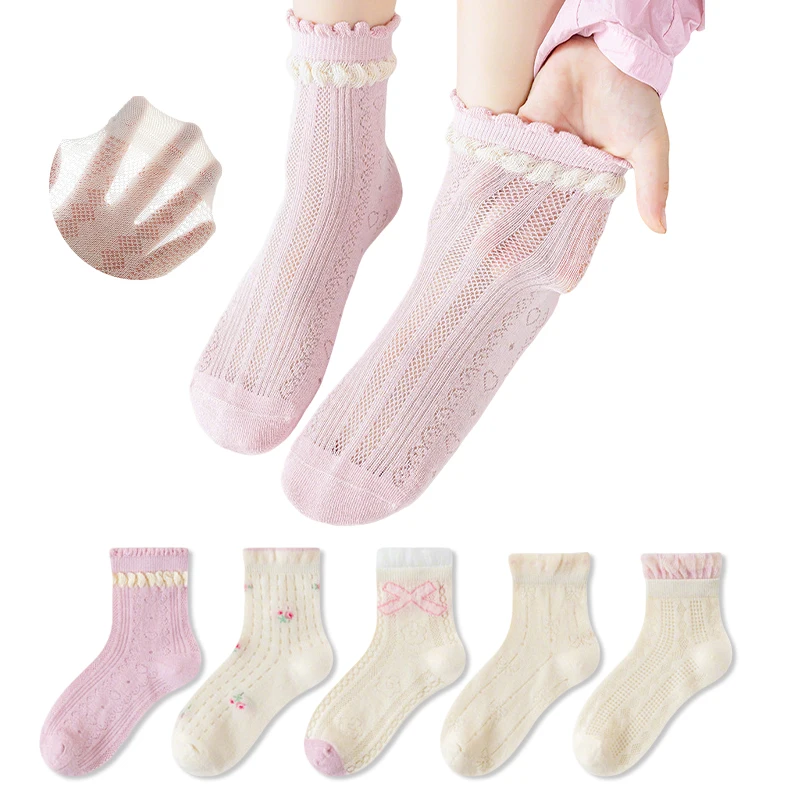 5 Paar Cartoon-Kindersocken aus Baumwolle, weiche Kindersocken für Mädchen, Sommer, atmungsaktives Mesh, Kindersocken für Mädchen