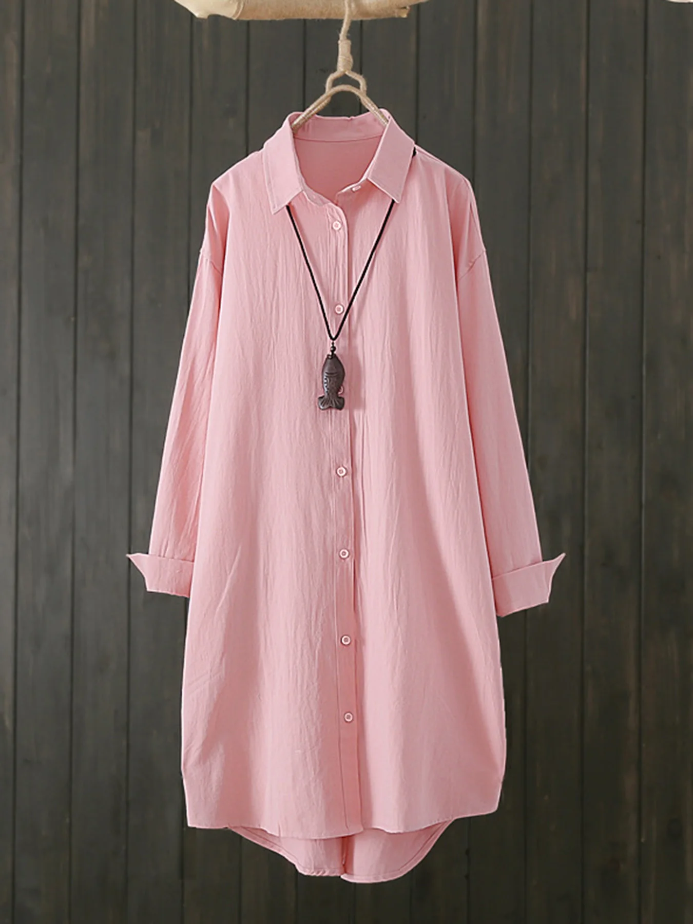 

Pink loose long shirt with rolled sleeves for casual sun protection cardigan