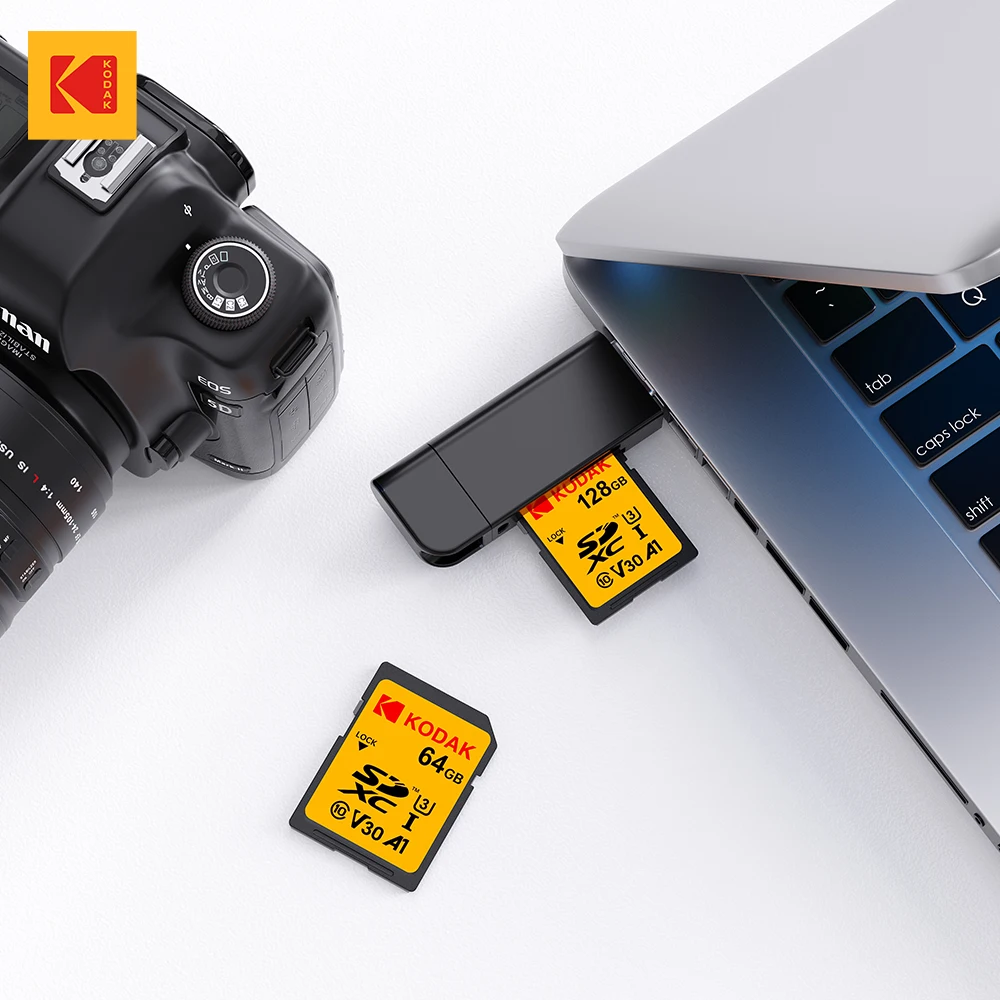 การ์ดหน่วยความจำ KODAK SD V30 แฟลชการ์ดความเร็วสูง 32GB 64GB 128GB SDXC SDHC ดิจิตอลสำหรับกล้อง SLR 4K HD เฉพาะ