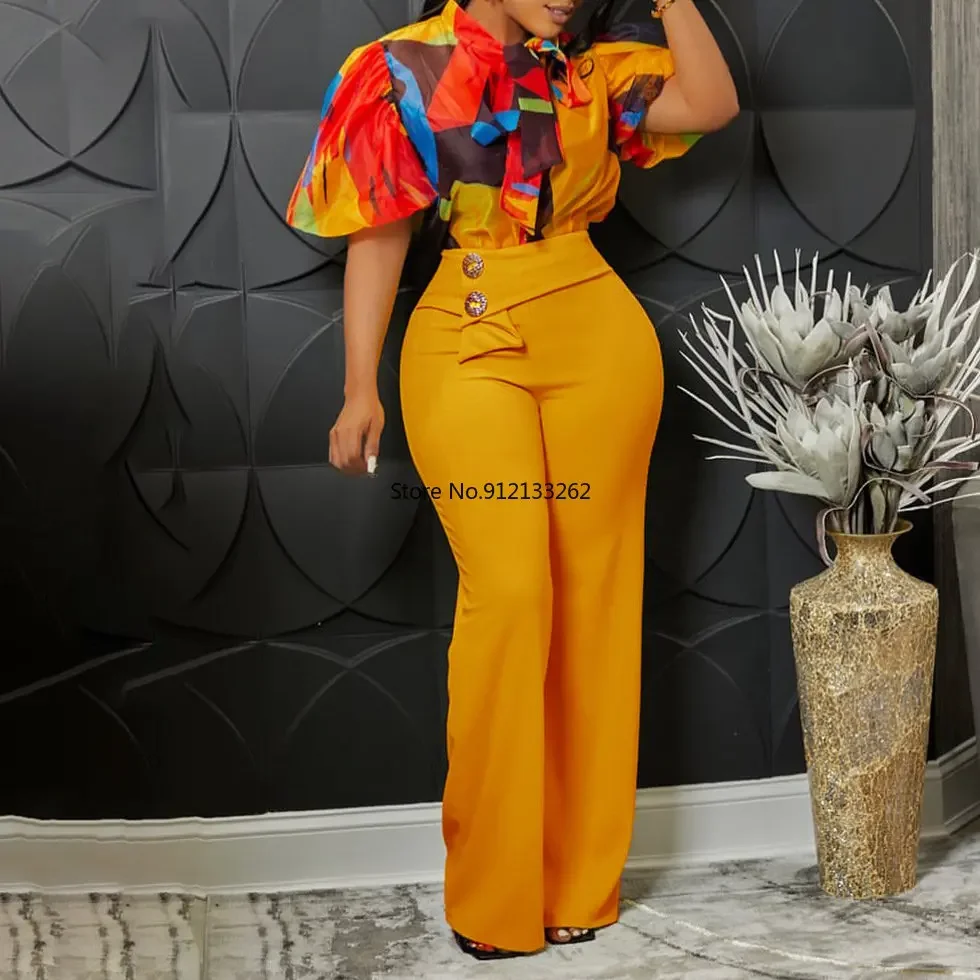 African Clothes for Women Summer Sexy African Women Short Sleeve Polyester Two Pieces Sets Shirts and Long Pant African Suit