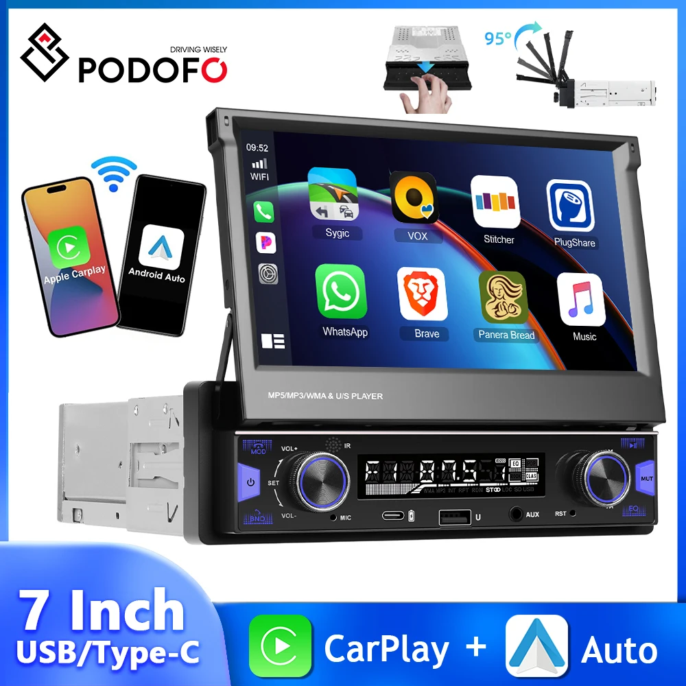 

Podofo 1Din 7'' Car MP5 Player Touch Screen Multimedia Player Bluetooth Carplay Android Auto FM/AM/RDS USB/Type-C EQ Car Stereo