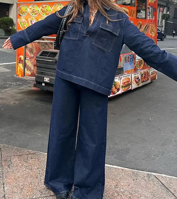 

2025 New Ladies Streetwear Denim Jacket Jeans Set Women Fashion Lapel V-neck Full Sleeves Big Pockets Coats Wide Leg Pants Suits