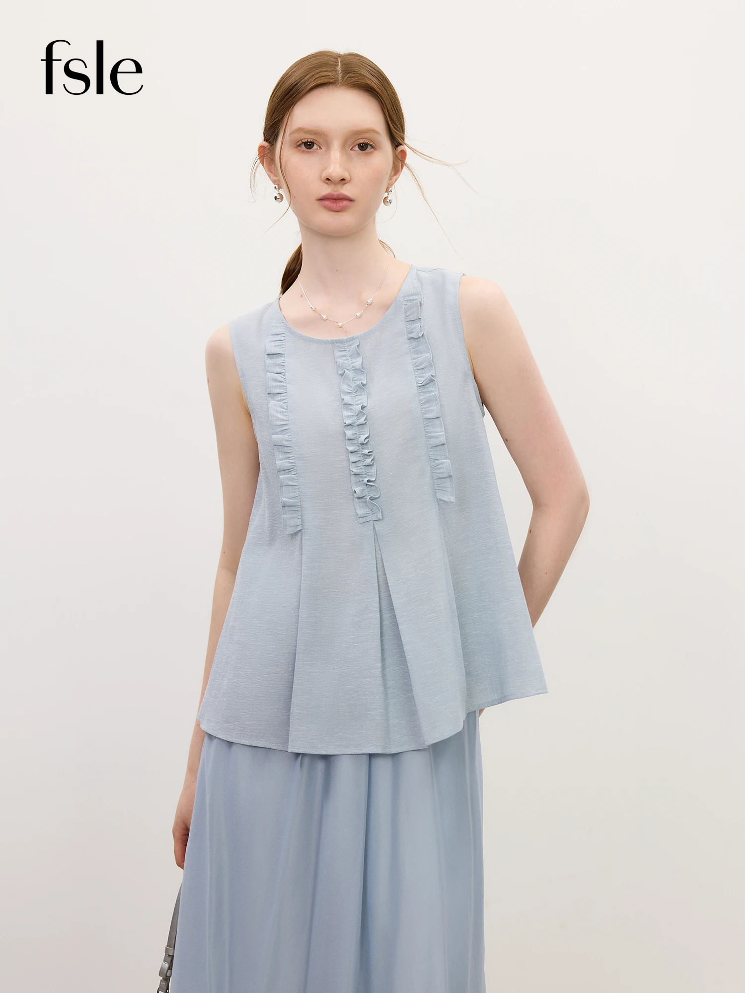 

​FSLE Summer 2025 Textured Set Blue Adjustable Fit Round Neck Shell & A-Line Skirt Resort to Office​ Elegant Outfits