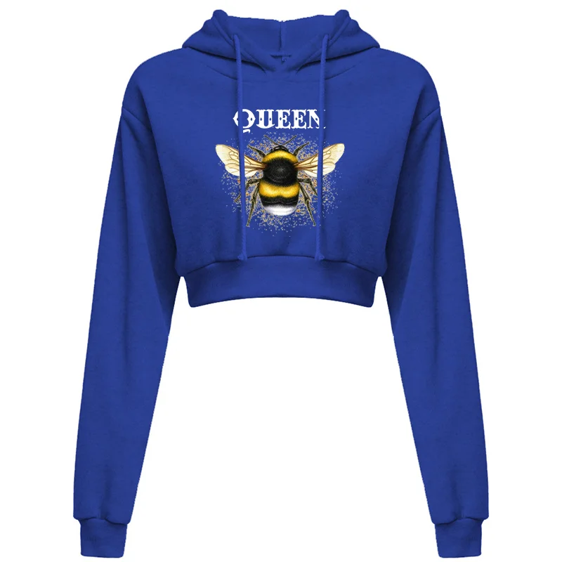 Sexy Open Umbilium Pullover Hoodie Top Fashion Queen Print Autumn Casual Long Sleeve Hooded Short Sweatshirt