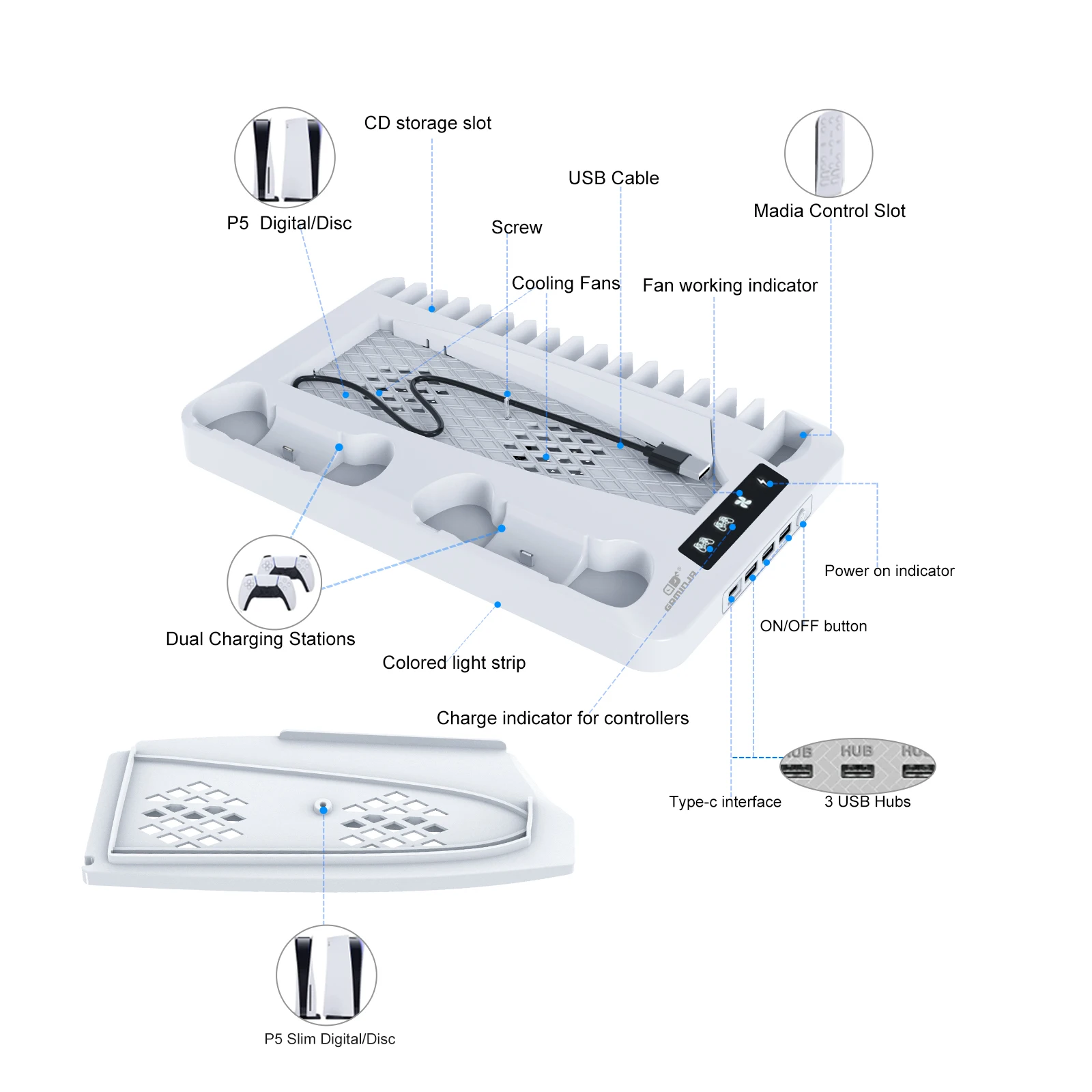Gaminja-Suporte de Arrefecimento RGB para PS5, Console Slim, Gamepad, Base de Carregamento, Headset Hook, Game CD Storage Rack, Disco e Digital