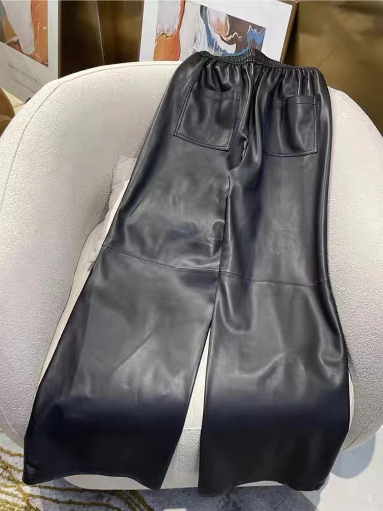 Floor Length Leather Cargo Pants for Women Retro Sheepskin Wide Leg Pockets Drawstring Long Trousers Black Casual Pantalon Femme