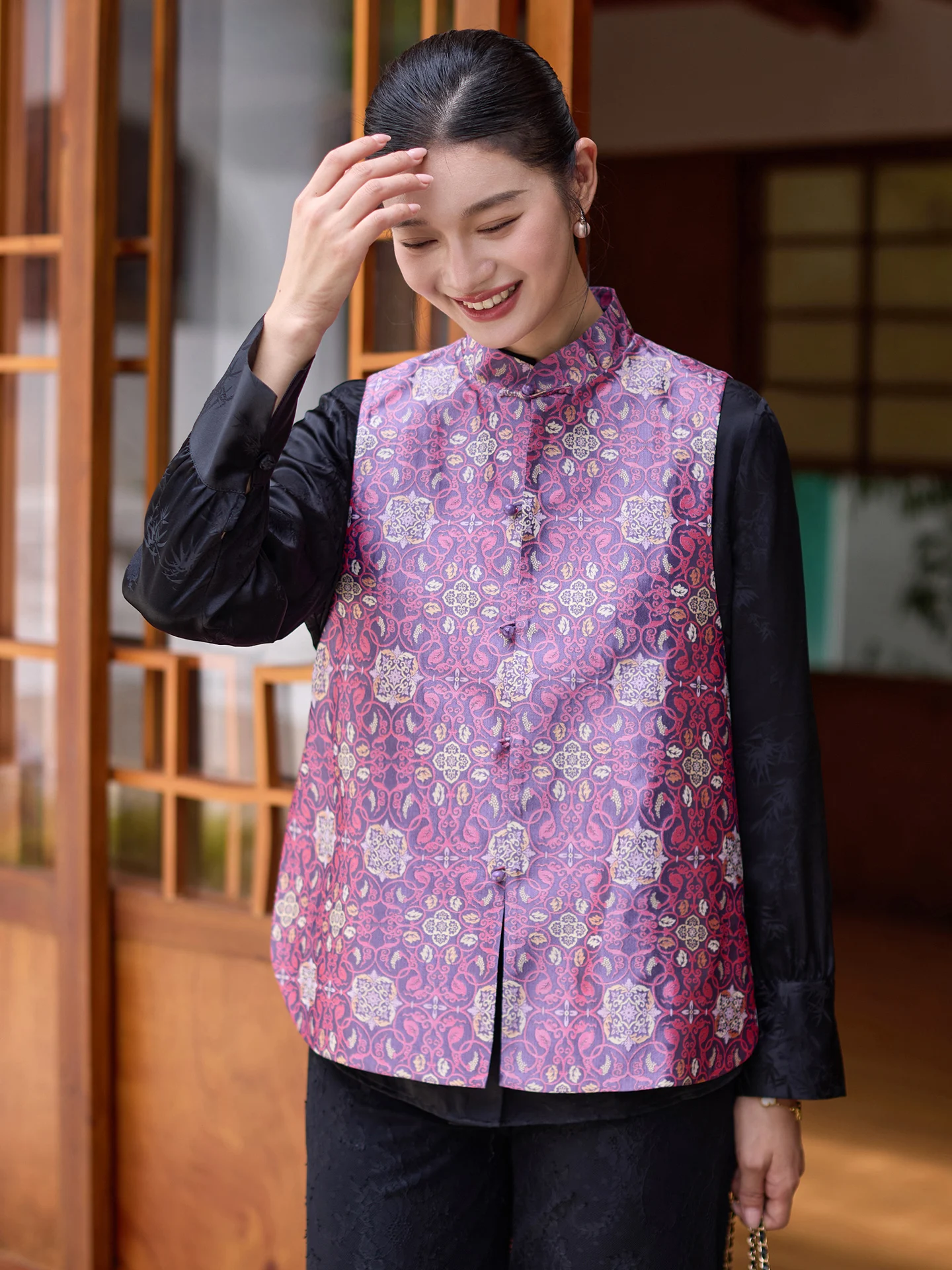 

Philosopher Tang Chinese Sle Silk Sichuan Brocade Loose Spring Autumn Waistcoat Women's Top Stand Collar Single Button