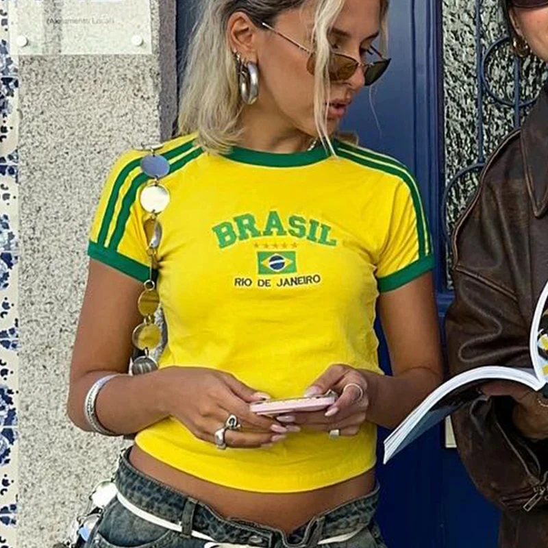 2026 Summer T-shirt For Women Kid Brazil Letter Aesthetic 90's Tops Casual Short Sleeve Tee Kpop Streetwear Vintage Y2k Clothes