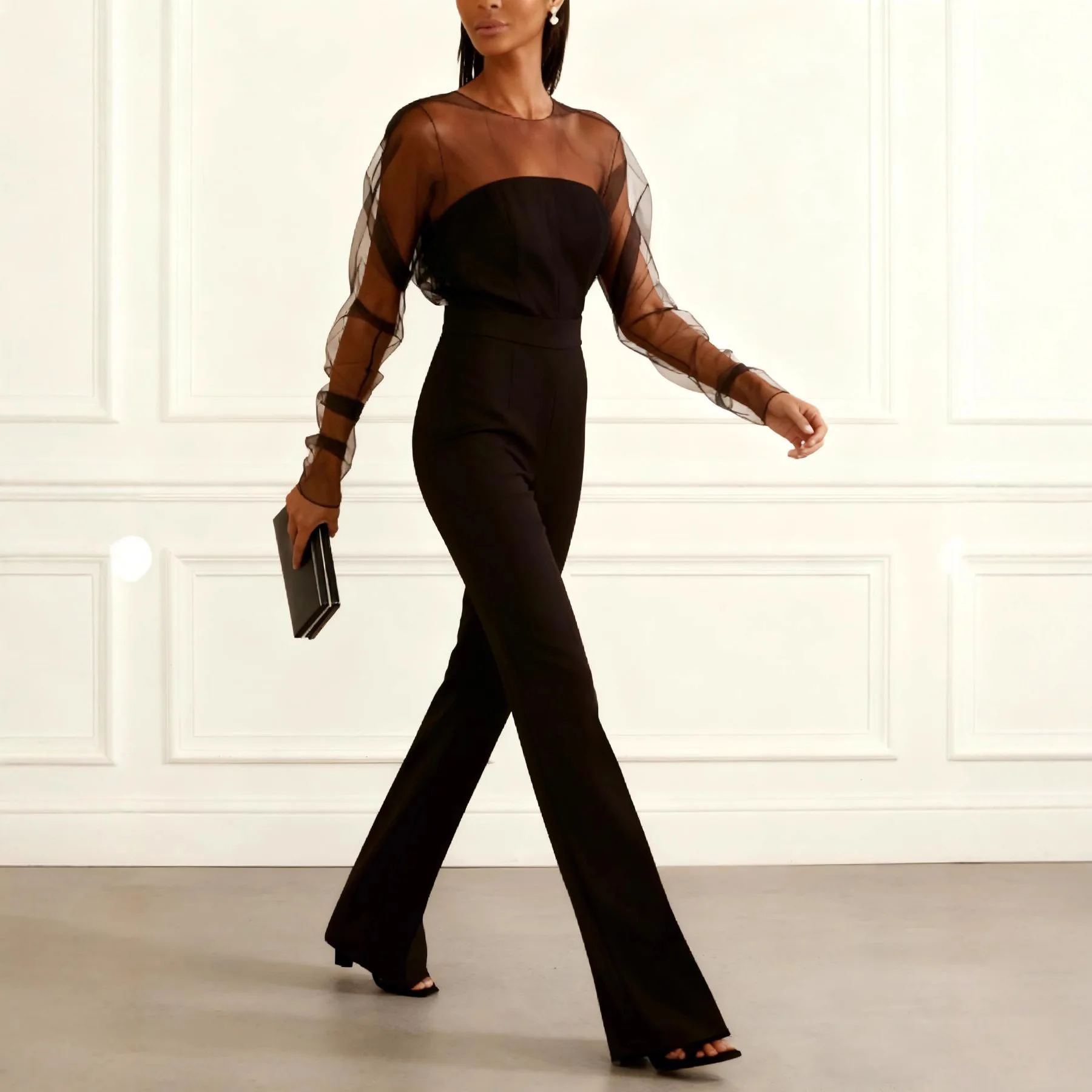 Fashionable Fit Jumpsuit Elegant Sexy Spliced ​​mesh Solid Color Commuting Style Raglan Sleeves Mid-waist Straight Jumpsuit