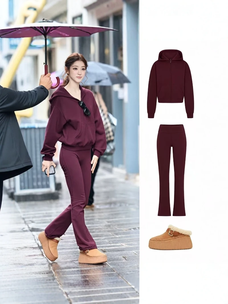 Classic Autumn Winter Kangaroo Mouth Loose Casual Hooded Zipper Sweatshirt Set Women's Fashion Ensemble Cotton Antioxidant