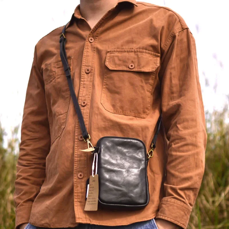 AETOO Men's vertical leather small square bag commuter casual single shoulder crossbody bag male niche vegetable tanned cow leat