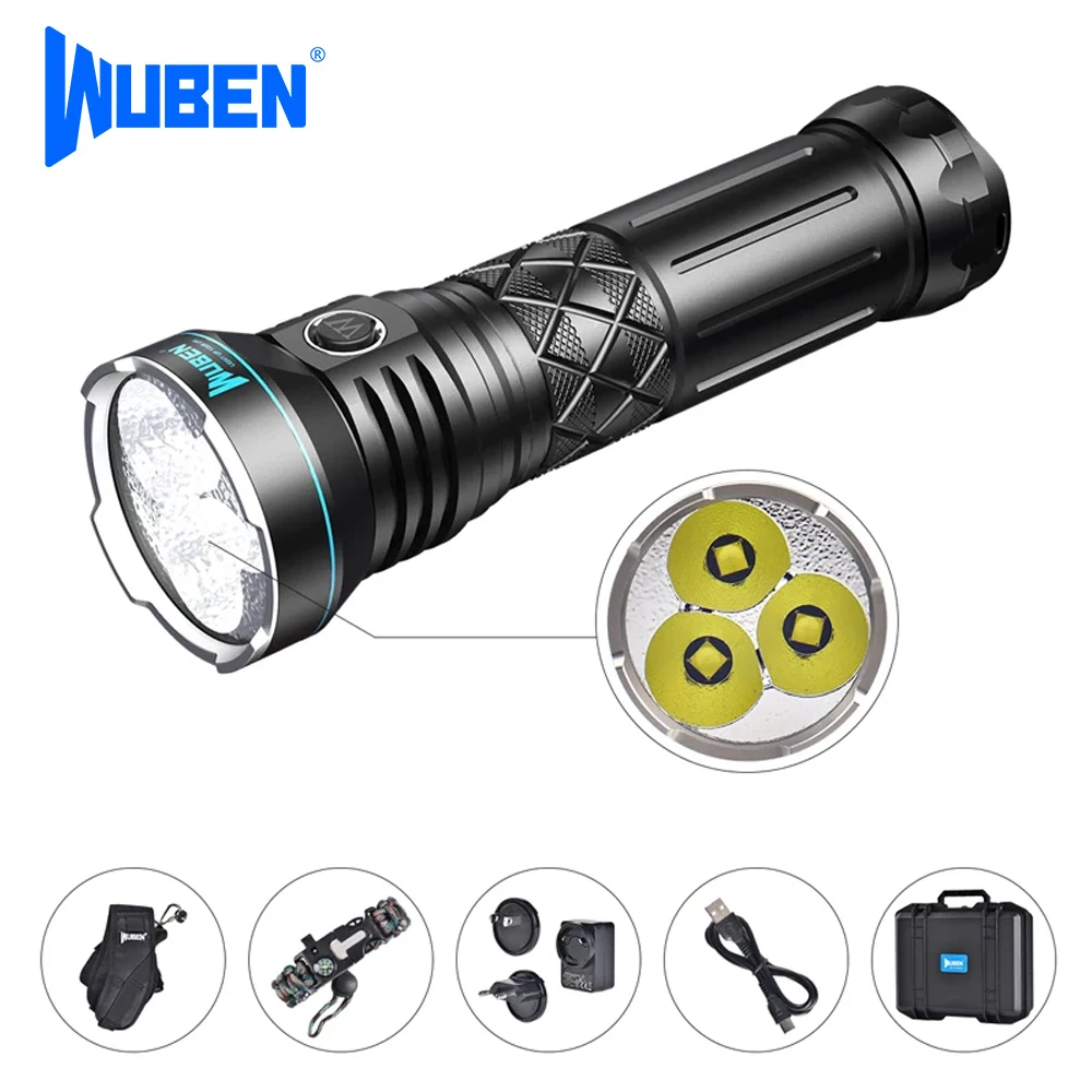 WUBEN A9 High-power Flashlight  12000 Lumens IP68 Waterproof Type-C charge port 3PCS CREE XHP70.2 LED 420M Lrradiation Distance