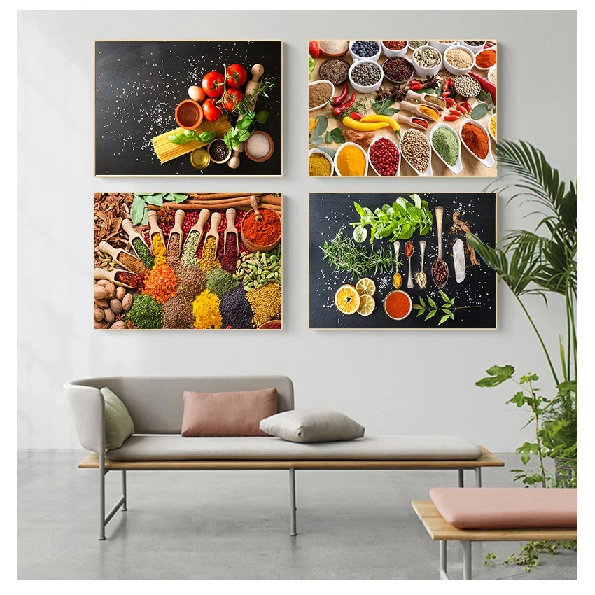 With Frame  Grains Spices Spoon Peppers Kitchen Canvas Painting Wall Art Food Picture Living Room Scandinavian Posters Prints