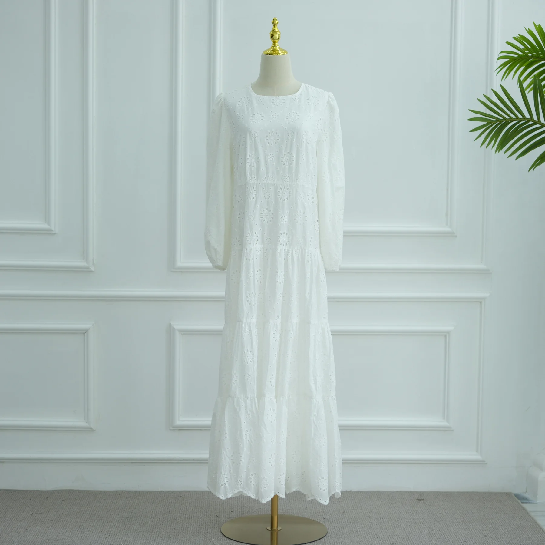 FW25 MIZON novo vestido feminino de algodão branco estilo fada de manga comprida com bordado requintado e floral recortado e cinto