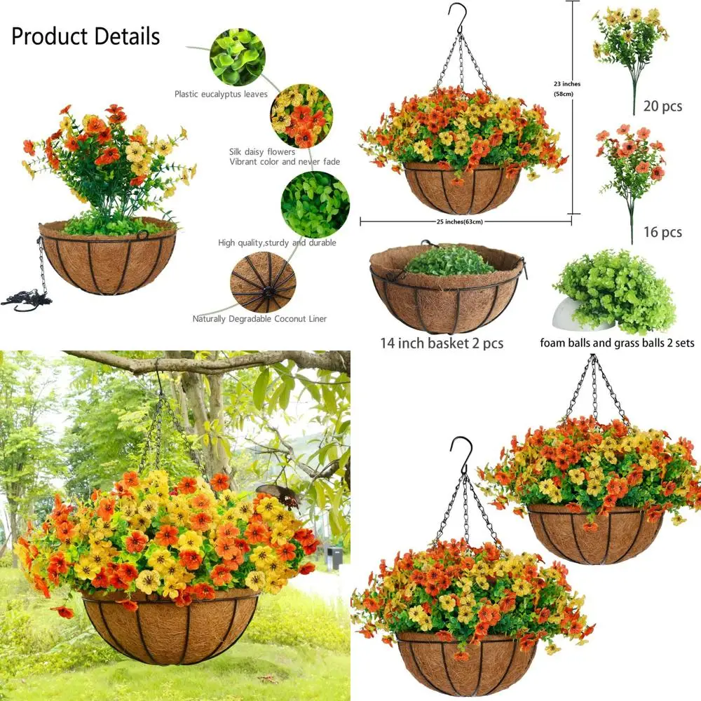 

14 Artificial Fall Hanging Baskets with 36 Silk Mums, Outdoor Fall Decor for Porch, Garden, Balcony, and Patio (Orange & Yellow)
