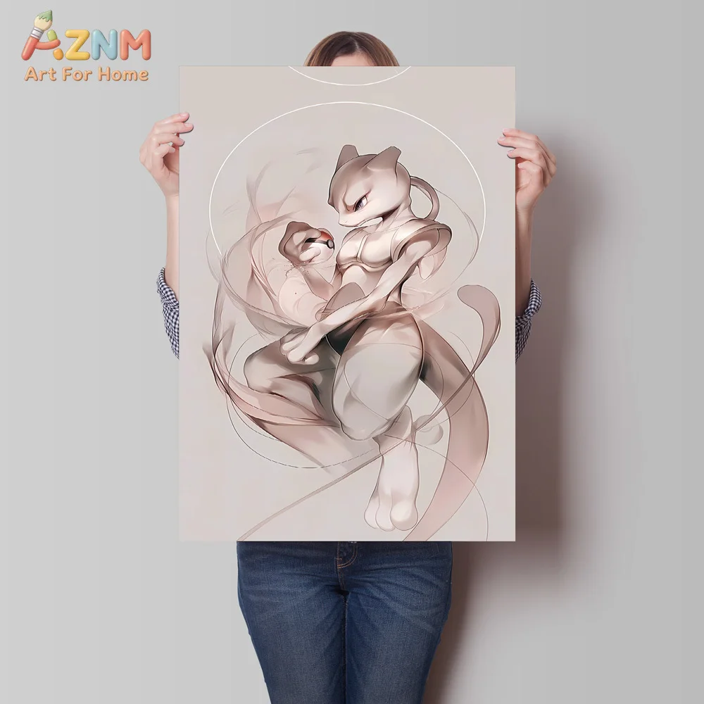 AZNM Minimal Ink Wash Pokemon Canvas Print Unframed Mewtwo Charizard Gengar Eeveelutions Soft Aesthetic Bedroom Wall Art Poster