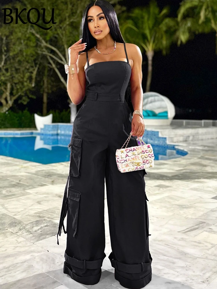 BKQU Wide Leg Jumpsuit Women Pockets Spaghetti Straps Cargo One Piece Playsuits 2024 Summer Backless Zipper Streetwear Overalls