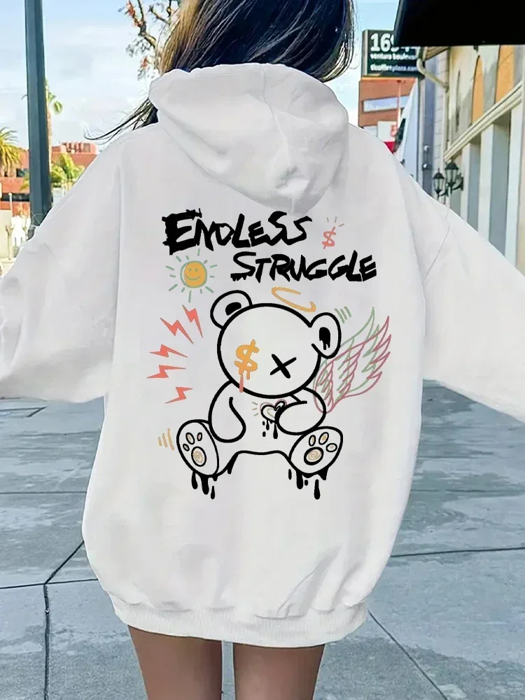 Straße Frauen Sweatshirts endlose Kampf Graffiti Bär gedruckt Hoodies Rundhals ausschnitt lose Pullover Fleece warme weibliche Tops Kleidung