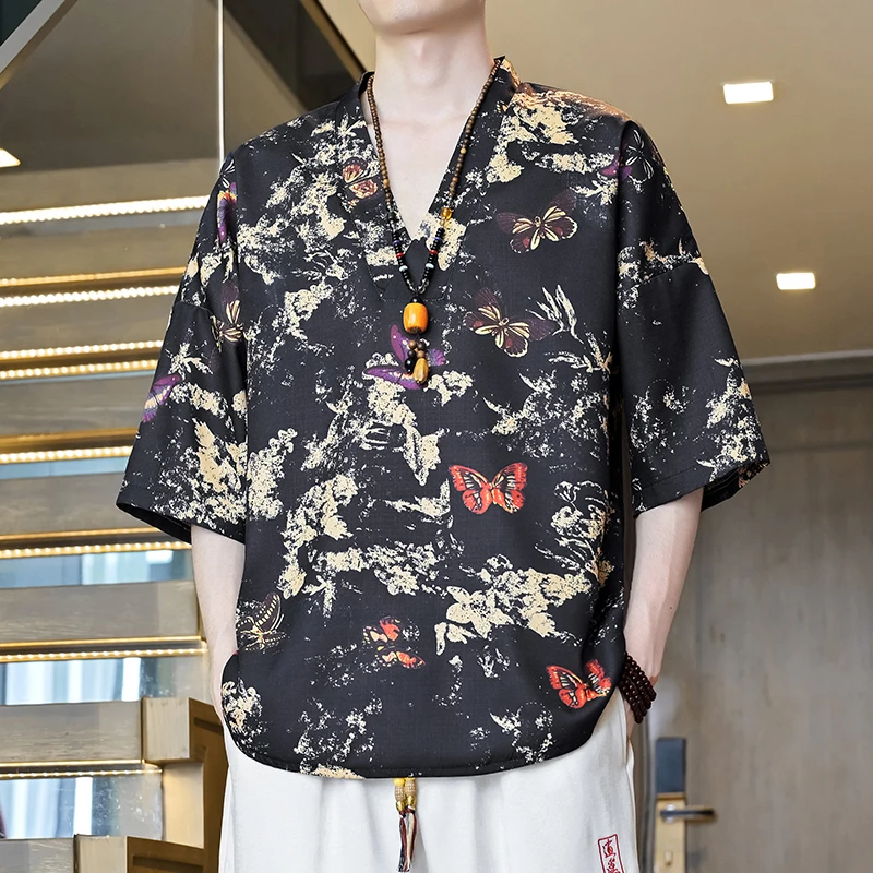 Men's Summer Breathable V-Neck T-Shirt Short Sleeve Top with Contrast Butterfly and Ink Wash Floral Print Chinese Style Top Tee