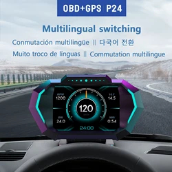 OBD + GPS P24 HUD Car Head Up Display on Board Computer Digital Speedometer Water Temp Fuel Consumption Slope Meter Time custom