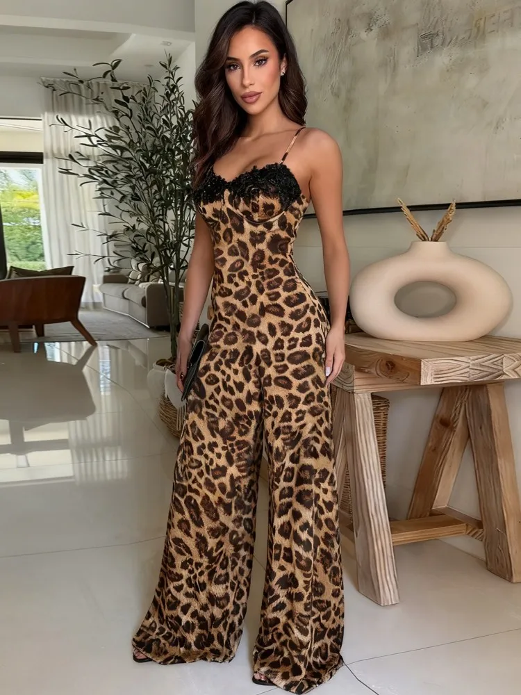 

Leopard Print Lace Women Jumpsuits For Summer Spaghetti Strap Loose Fashion Streetwear Overalls Wide Leg Pants Trousers 2025