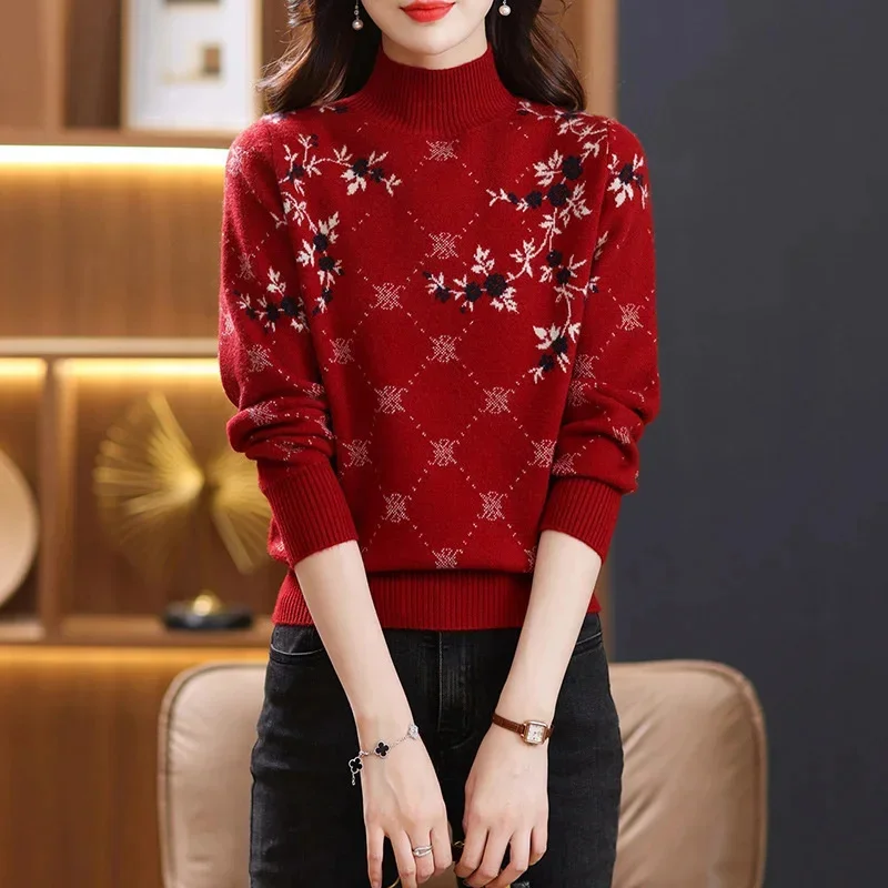 

Autumn Winter New 2026 Korean Warm Half High Collar Knitted Sweater Women Loose Casual Fashion Pullovers Female Knitwear Tops