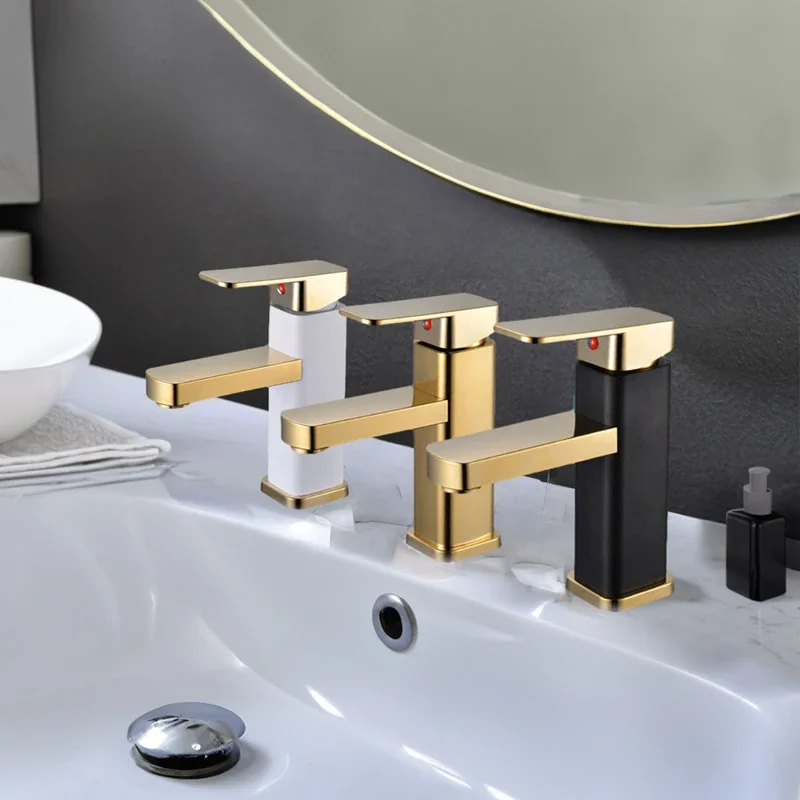 Gold Bathroom Faucet Square Design Stainless Steel Handle Hot and Cold Mixer Tap Luxury Metal Fixture for Modern Bathrooms