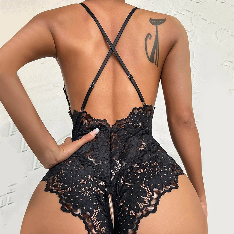 Lingerie noire sexy pour femmes 7.0, costume de batterie, dentelle, entrejambe ouvert, sexe, nuisette, corps transparent, fétiche romantique, vêtements chauds