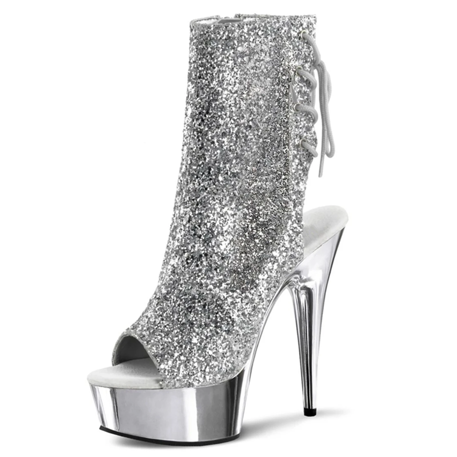 

15CM Platform Evening Boots Silver, Sequin Peep Toe Ankle Booties, Clear Heel Party Shoes for Women