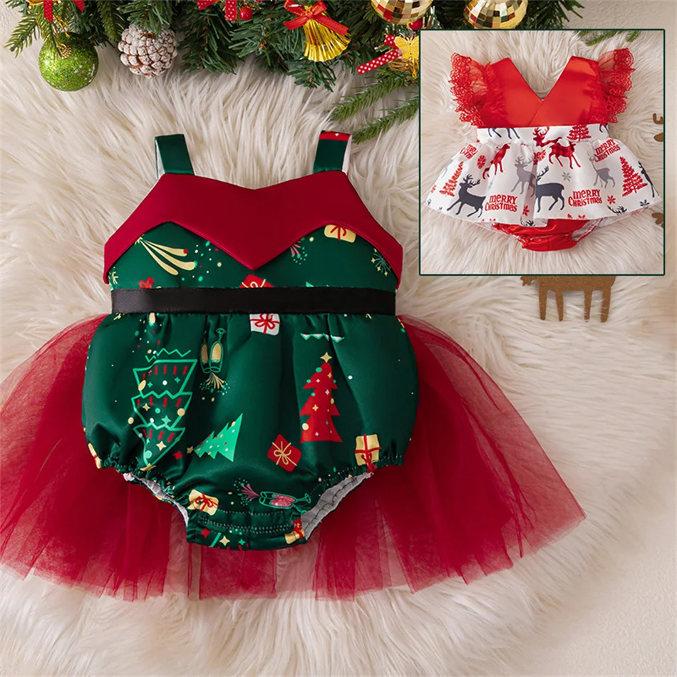 

Рождественский кружевной комбинезон с мультяшным принтом для новорожденных, милый сетчатый боди для маленьких девочек, милый комбинезон без рукавов для вечеринки на день рождения