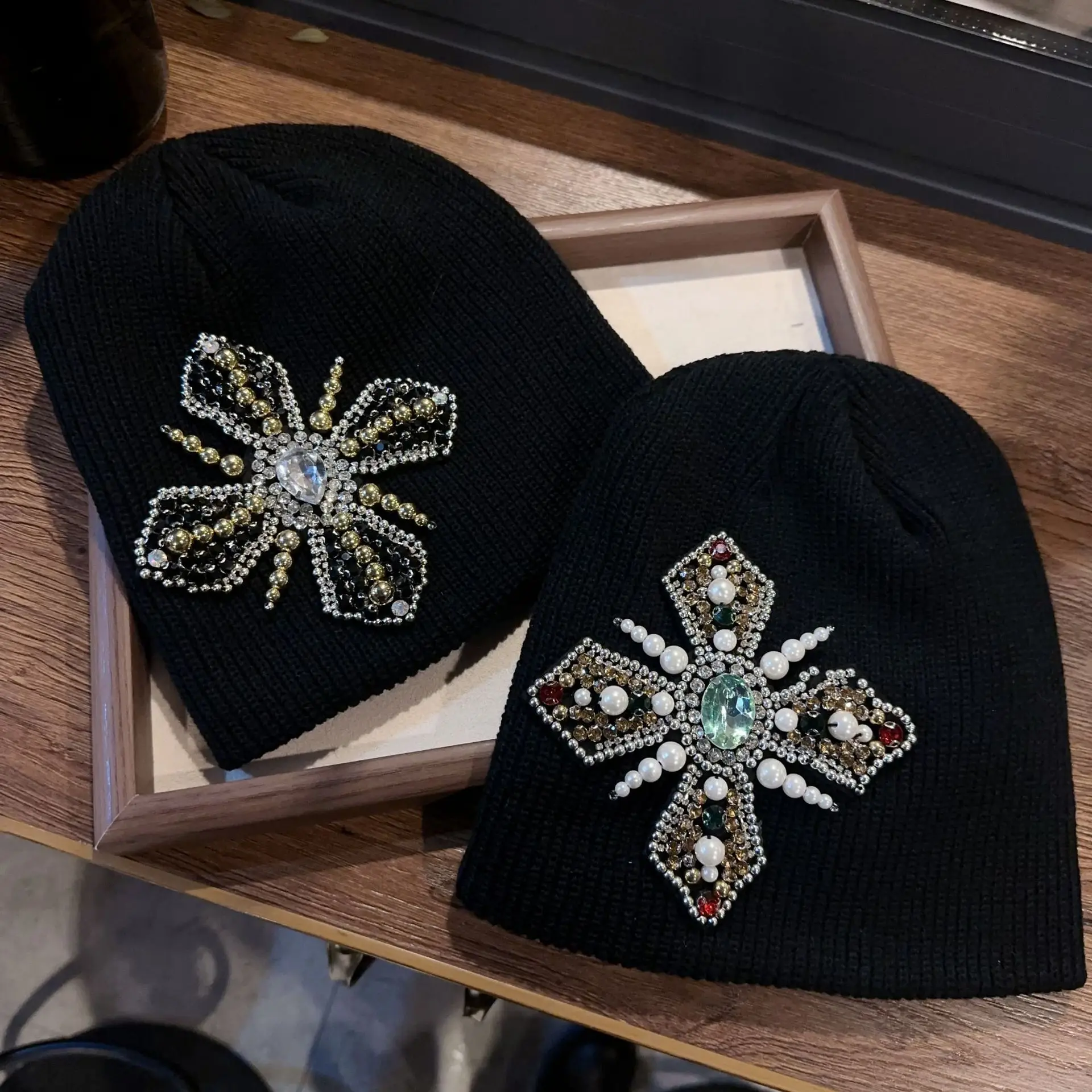2026 New Rare Cross-shaped Gemstone Wool Hat Unisex Street Hip Hop Personalized Knitted Baotou Ear Protection Cold Hat Fashion
