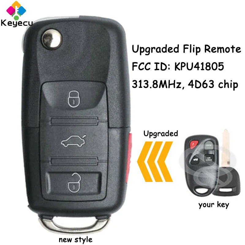 KEYECU Upgraded Flip Remote Control Car Key With 4 Buttons 313.8MHz 4D63 Chip for Mazda 6 2003 2004 2005 Fob FCC ID: KPU41805