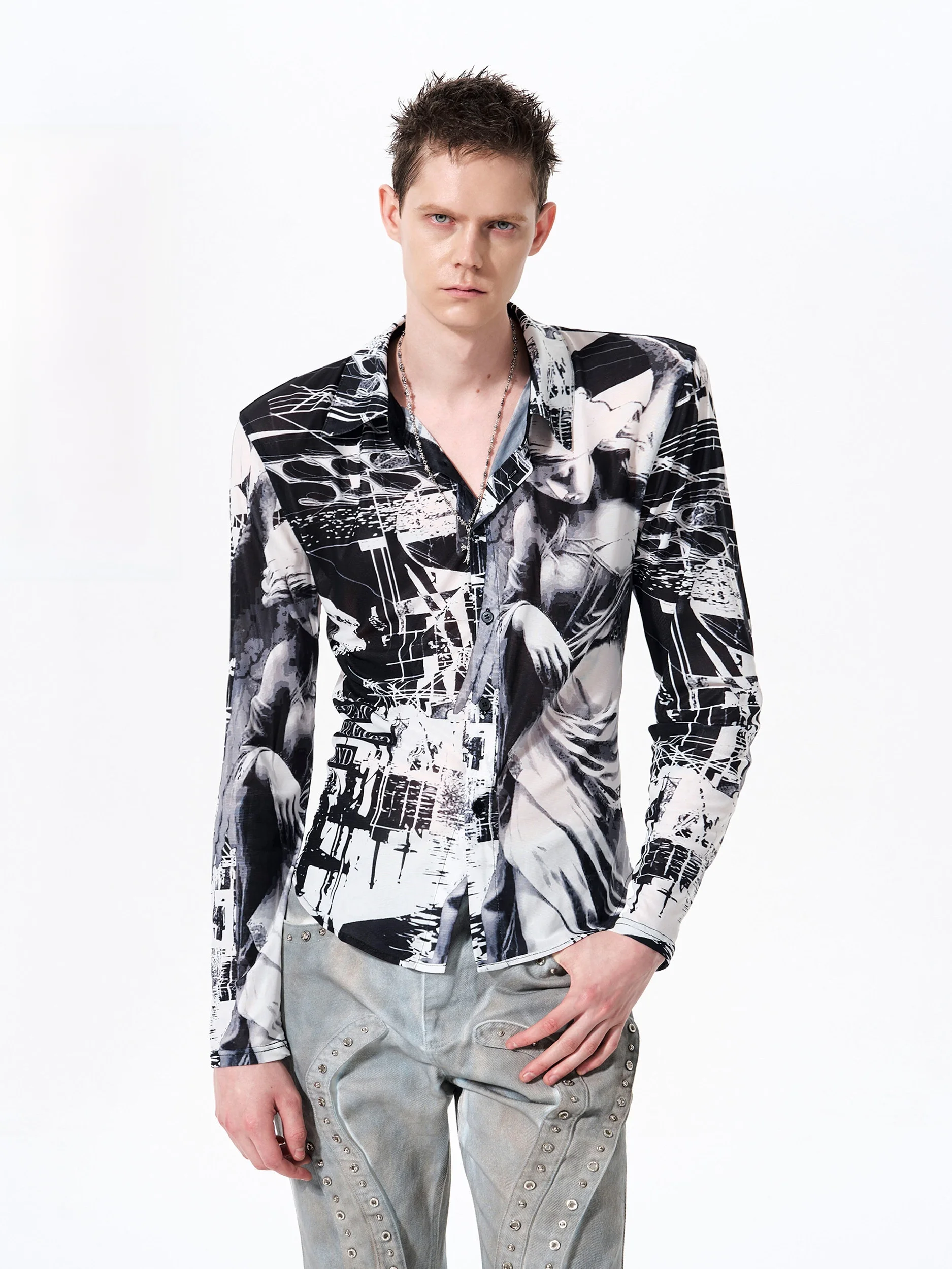 

StarTexceedEnd Men's Long Sve irt Vintage Retro Slim Fit Me Print Casual Faion Polyester Lyocell Spring Summer