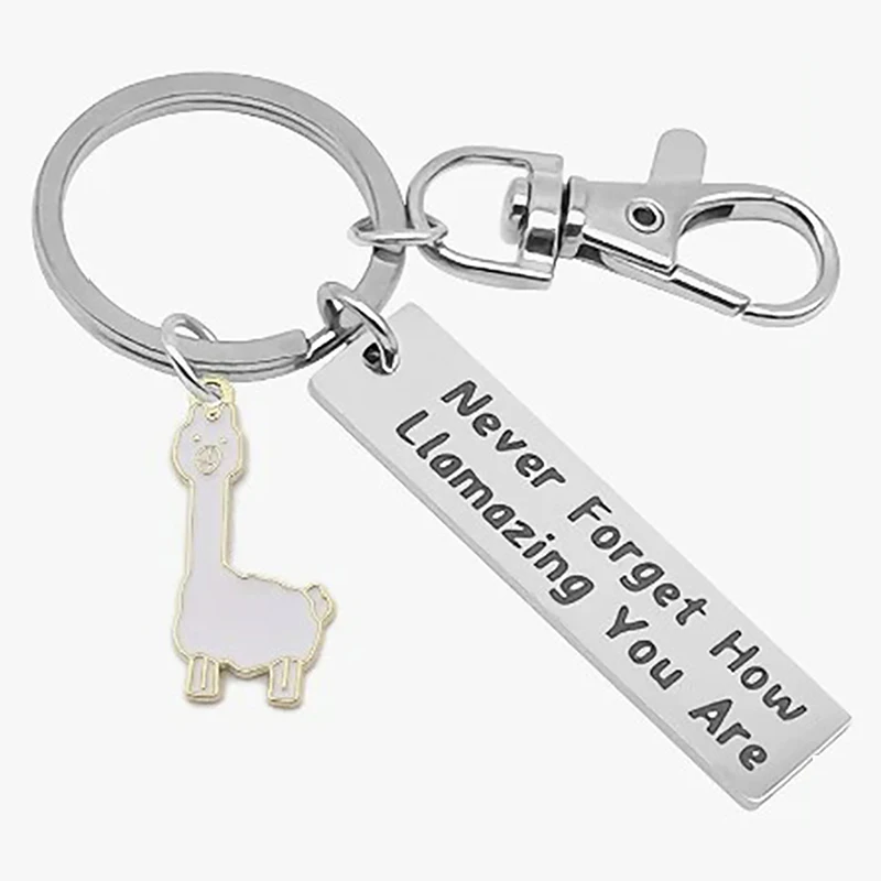 Porte-clés en acier inoxydable avec pendentif animal de dessin animé mignon, alpaga jamais oublié, cadeau inspirant, pendentif vif et intéressant, 1PC