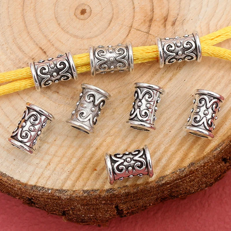 37PCS retro pattern Tibetan silvery large hole loose beads bracelet necklace beaded tube beads DIY jewelry beads