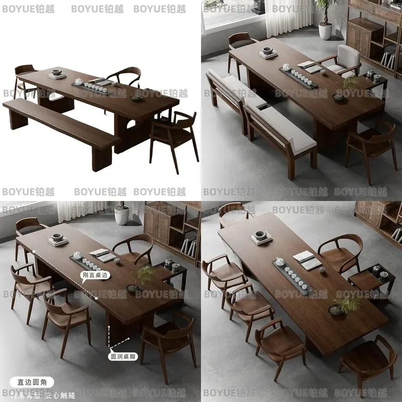 Solid Walnut Wood Tea Table Set Large Chinese Style Office Desk with Chairs Log Furniture for Tea Room Home Living Space
